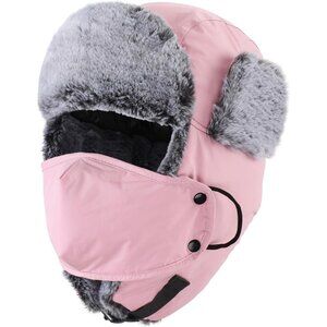 Men's Pink Trapper Hat Faux Fur Trooper Hunting Cap with Face Mask